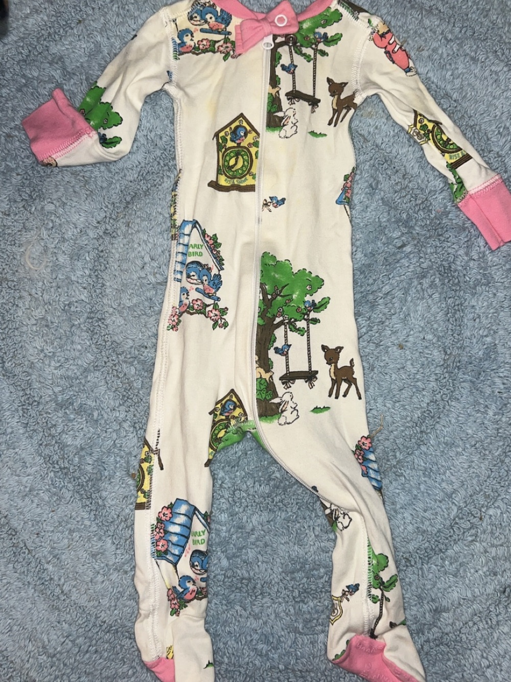 The Beaufort Bonnet Company Cream Footie with Pink Trim and Woodland Print